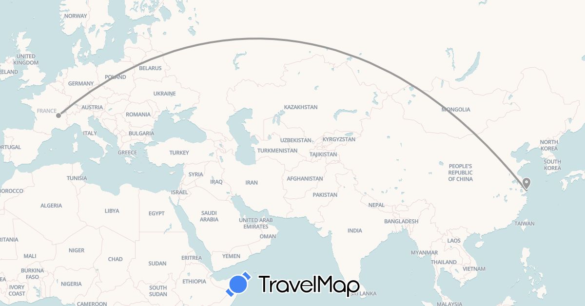 TravelMap itinerary: driving, plane in China, France (Asia, Europe)